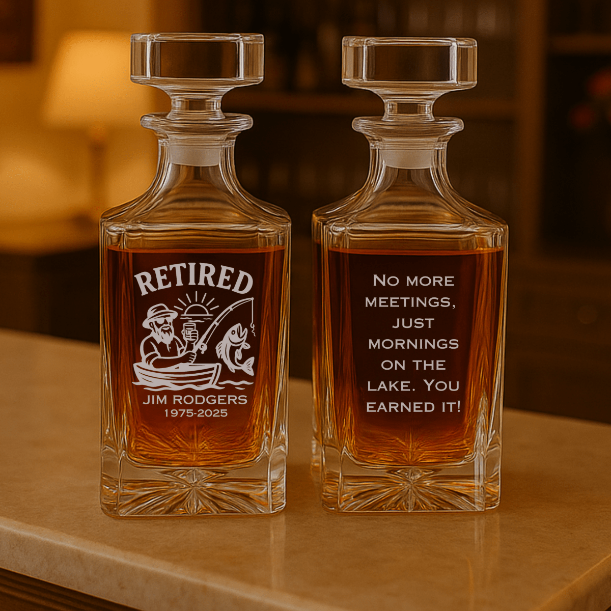 Unique Personalized Gone Fishin’ Whiskey Decanter Customized Retirement Gifts for Men by Groovy Guy