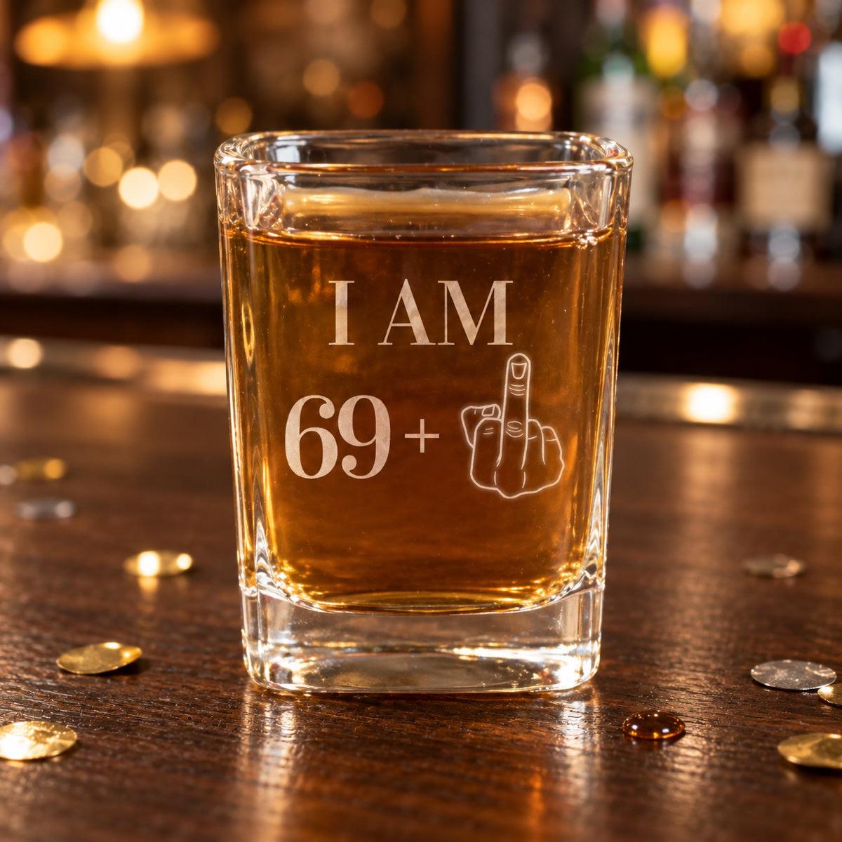 Funny 70th birthday shot glass engraved I AM 69 plus a middle finger, filled with whiskey on a dark walnut bar with gold and silver confetti