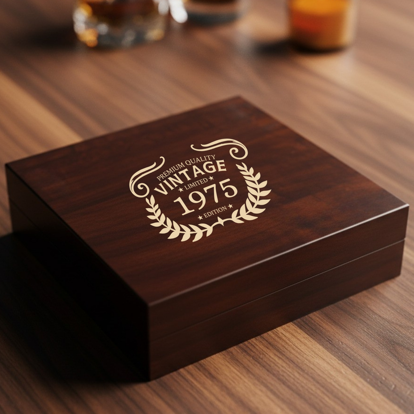 Dark wood keepsake box with gold engraving reading "Premium Quality Vintage 1975 Limited Edition" surrounded by decorative laurel wreath design