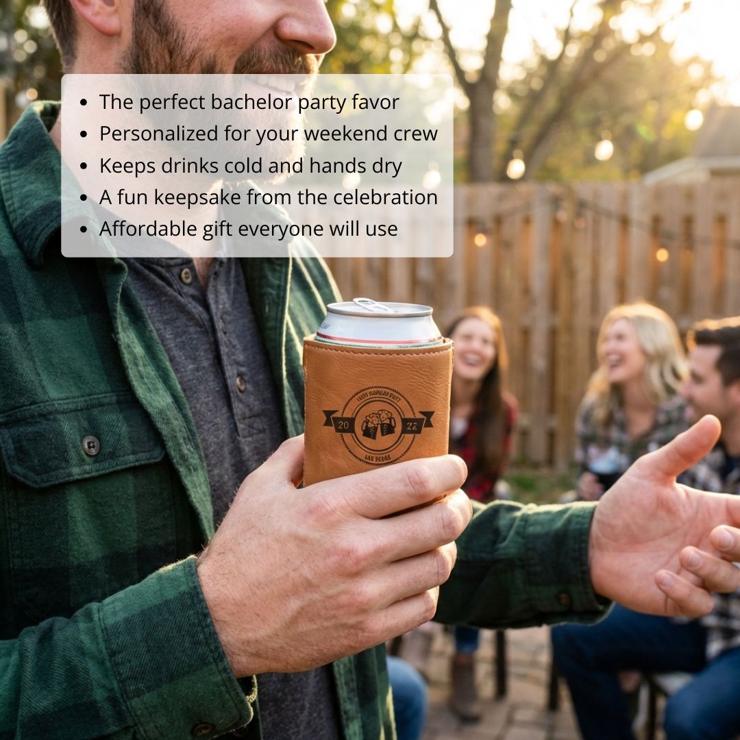 Man holding tan faux leather koozie with sample engraving showing beer mugs, banner, and date "2022" at outdoor gathering