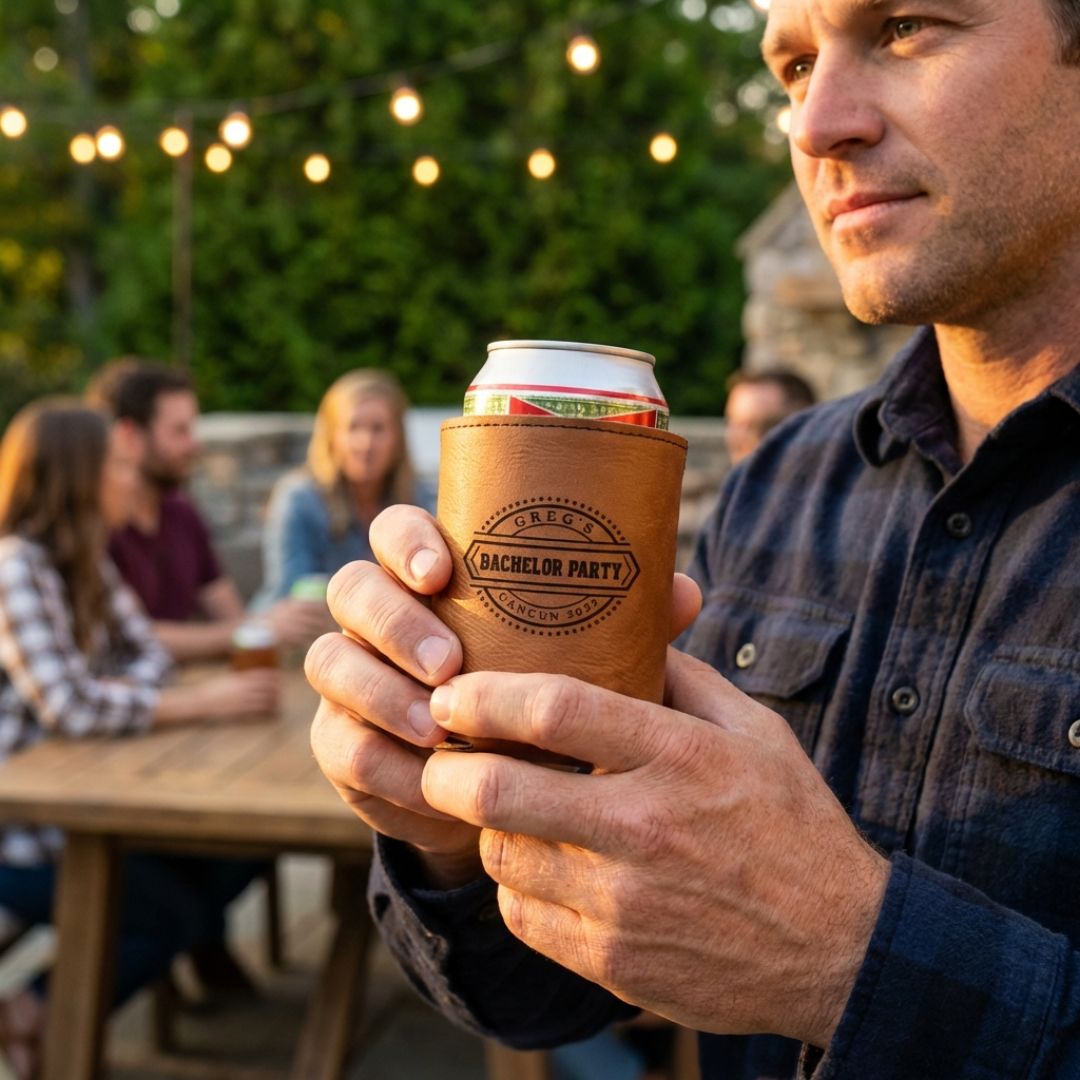Tan faux leather koozie with laser-engraved "Bachelor Party" text and decorative badge, held by man at outdoor gathering with string lights and guests in background