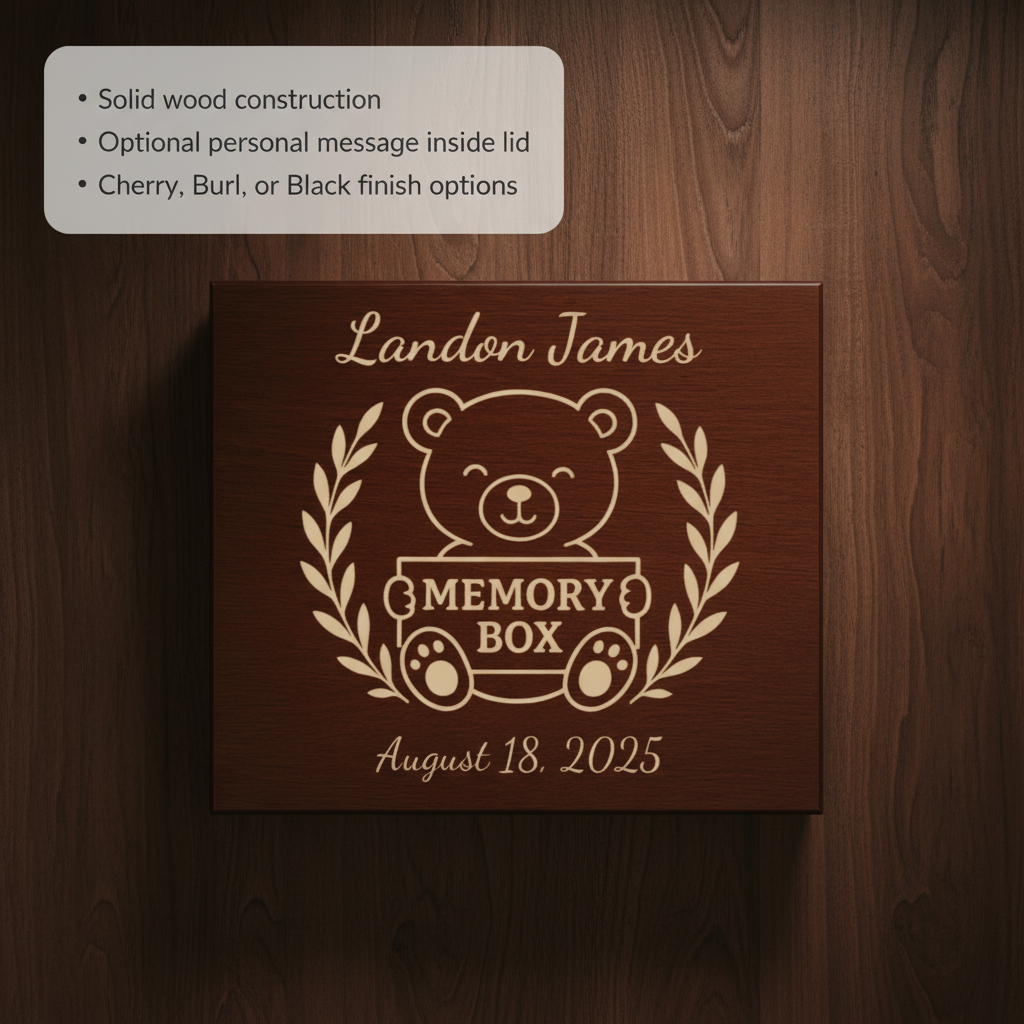 Dark wood memory box with sample personalization: name "Landon James" engraved at top, teddy bear holding "Memory Box" banner with laurel leaves, and date "August 18, 2025" at bottom in gold lettering