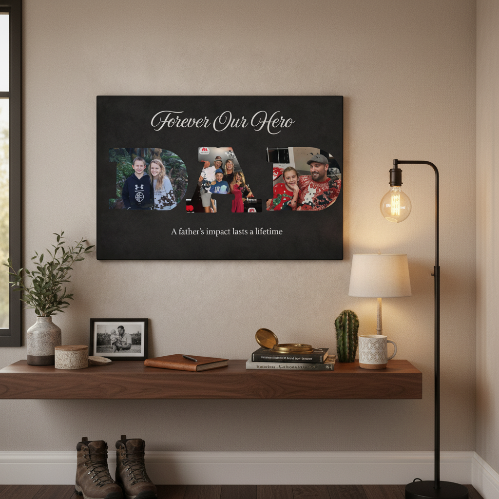 Black canvas wall art with sample text "Forever Our Hero" and three photo placeholders spelling "DAD," displaying custom family images and message "A father's impact lasts a lifetime