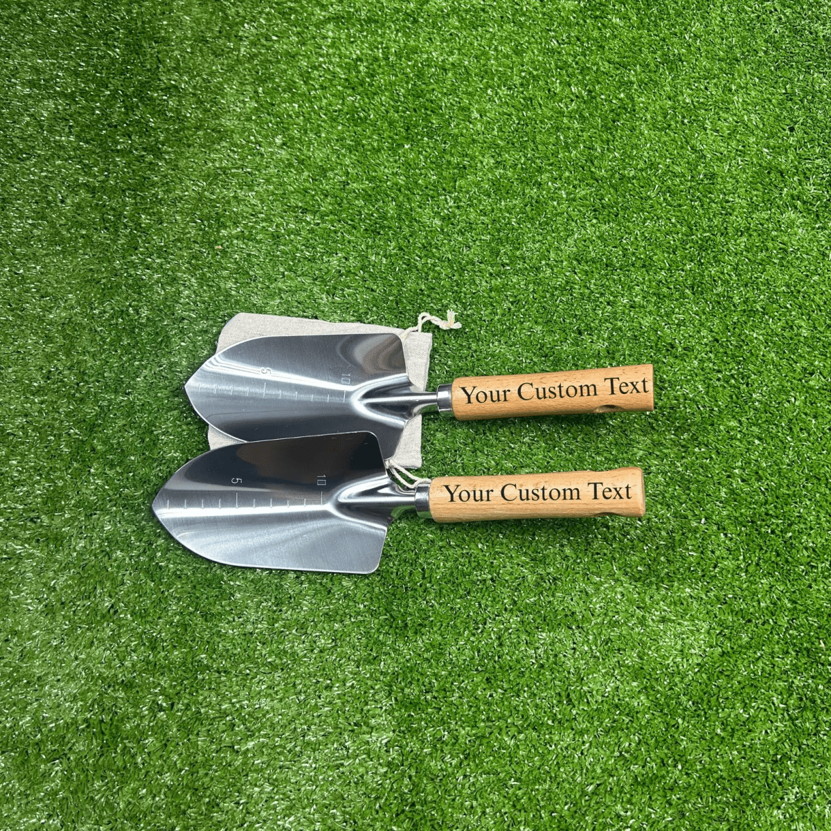 Engraved wooden handle garden shovel with rustic burlap gift bag