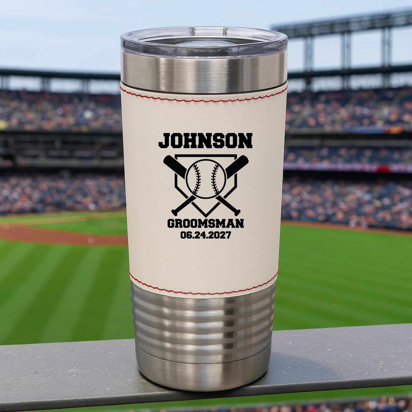 Baseball-themed personalized tumbler with leather stitching and custom engraving for groomsmen gift