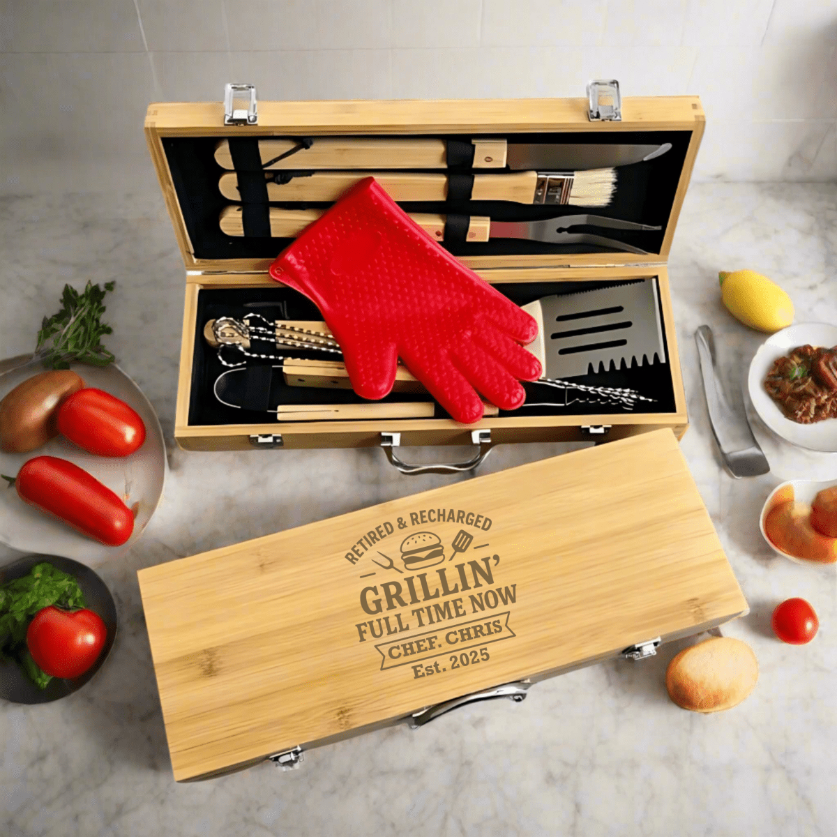 Retired Grilling Gift Set with personalized BBQ tools