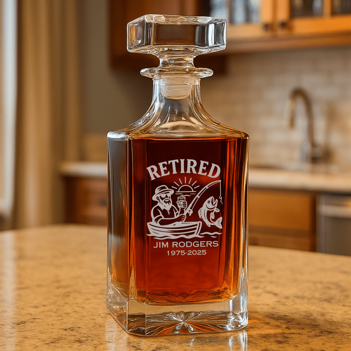 Unique Personalized Gone Fishin’ Whiskey Decanter Customized Retirement Gifts for Men by Groovy Guy