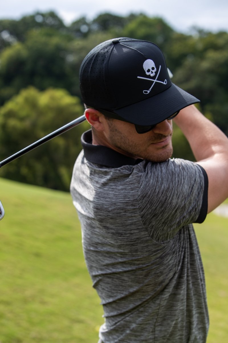 Unique Personalized Skull And Crossbones Black Golf Hat Customized Golf Hat Gifts for Men by Groovy Guy