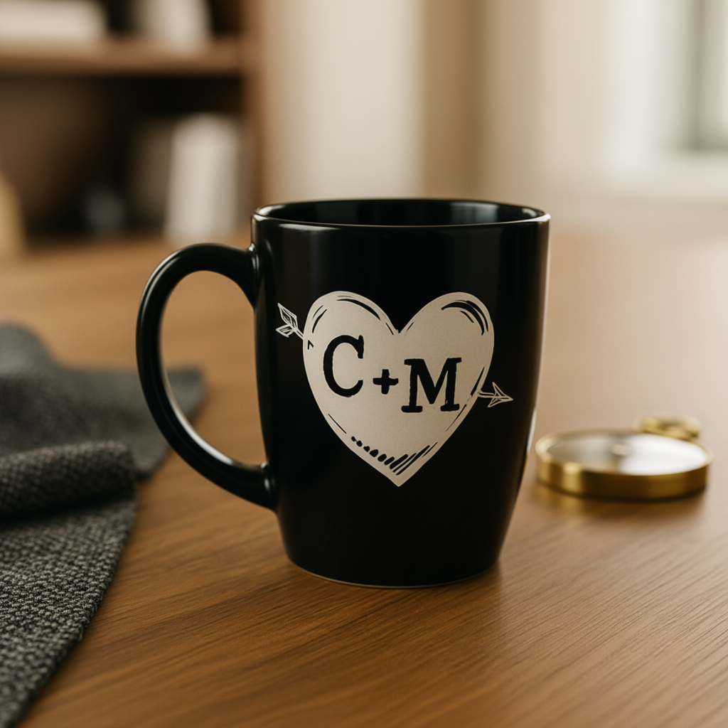 Black ceramic mug with sample personalization showing initials "C+M" engraved in a heart with arrow design, displayed on wooden surface