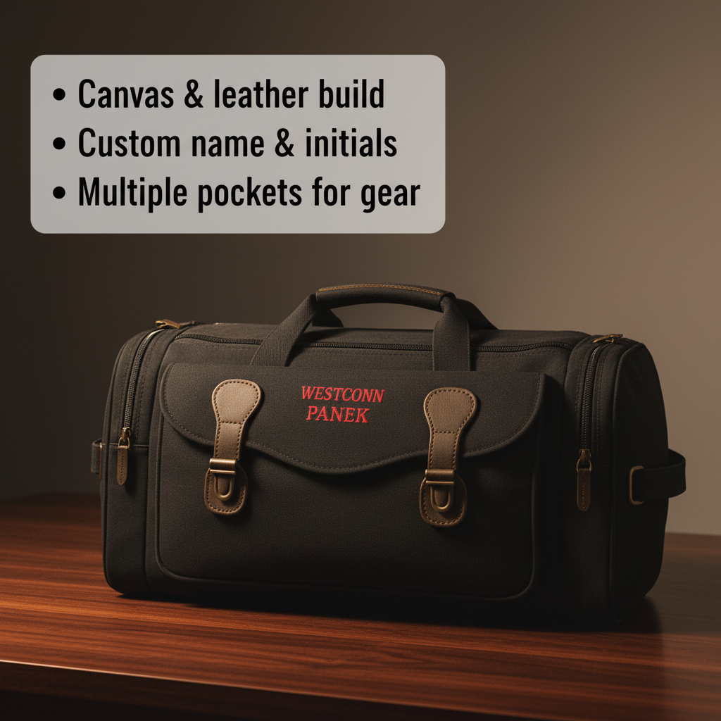 Black canvas duffle bag with tan leather handles and trim, customized with sample embroidery reading "WESTCONN PANEK" in red lettering on front flap