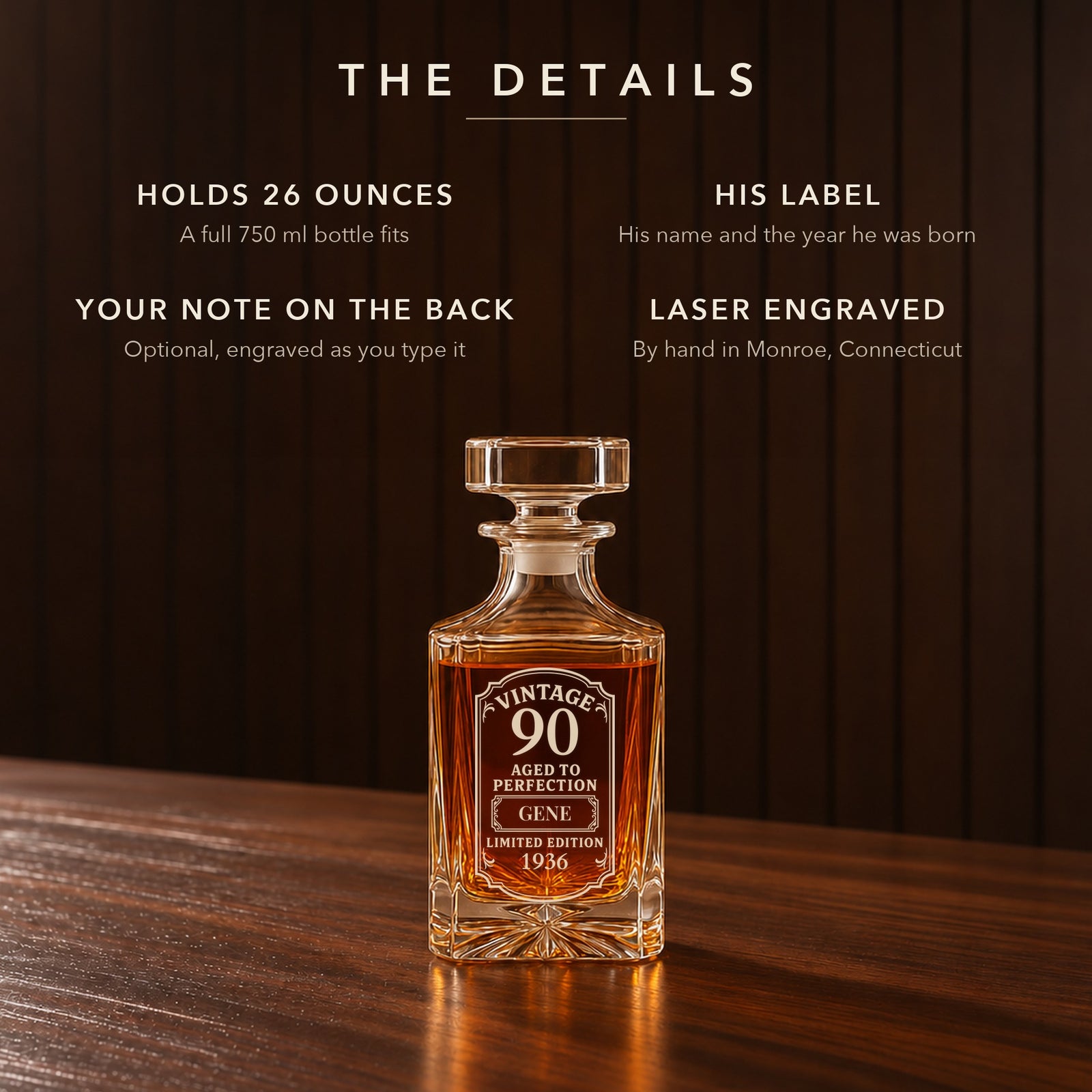 Details of the personalized 90th birthday decanter: holds 26 oz, his name and birth year on the front label, optional message on the back