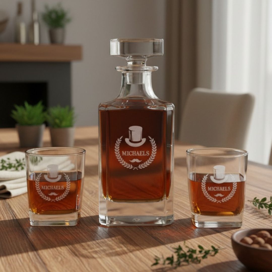 Personalized whiskey decanter set with engraved initial and matching rocks glasses