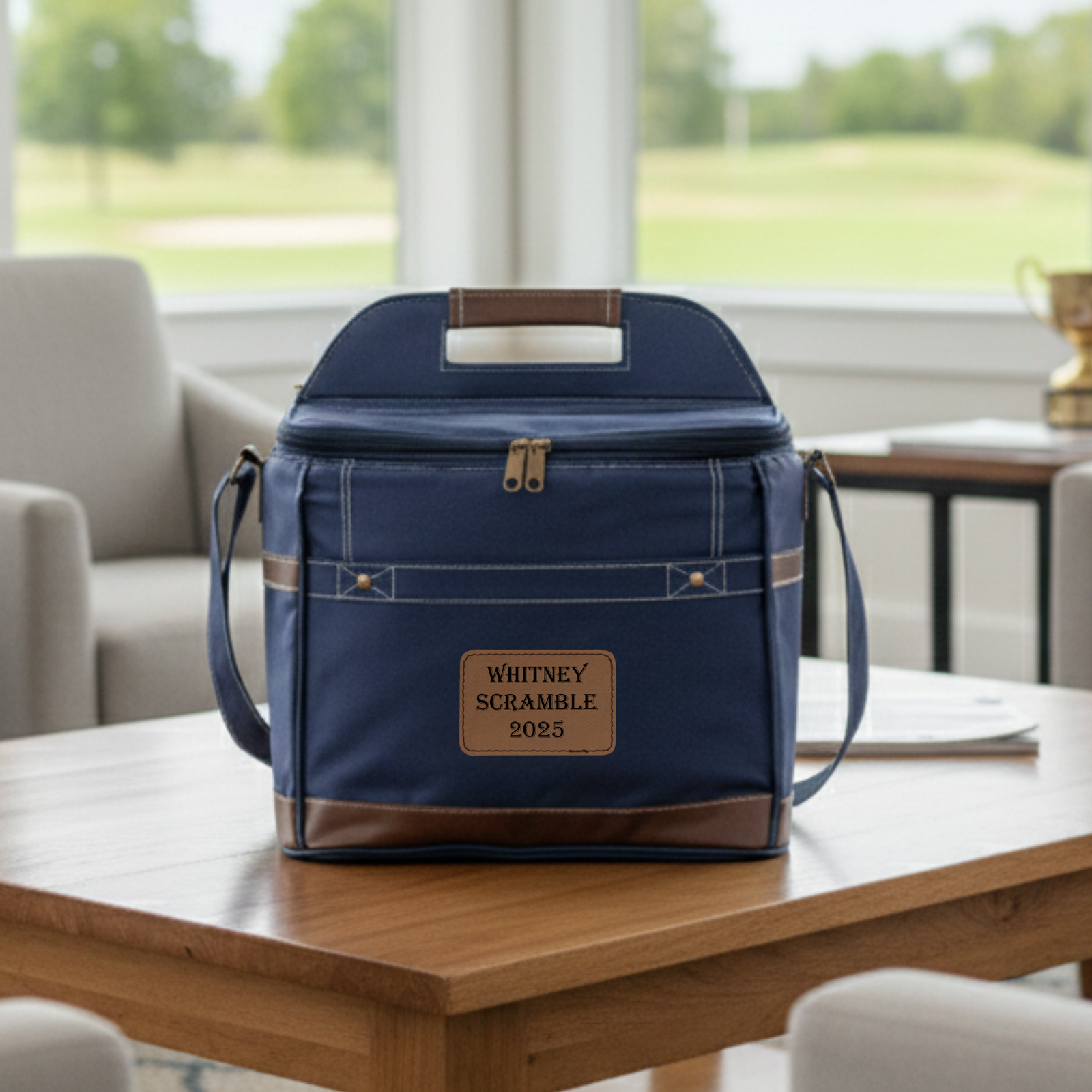Navy canvas cooler with brown leather trim, customized with sample leather patch reading "WHITNEY SCRAMBLE 2025," shown on wooden table with shoulder strap and top handle visible