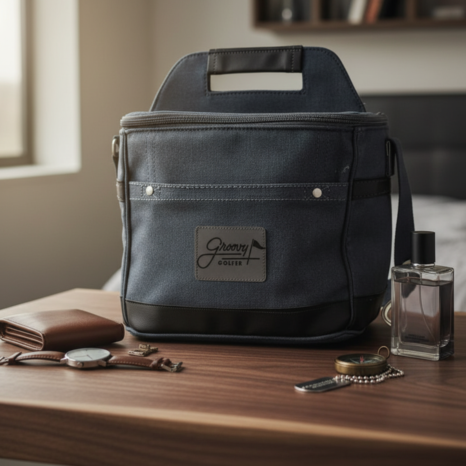 Gray canvas and black leather golf cooler with Groovy Golfer logo patch, displayed on wooden desk with wallet, watch, cologne, and accessories