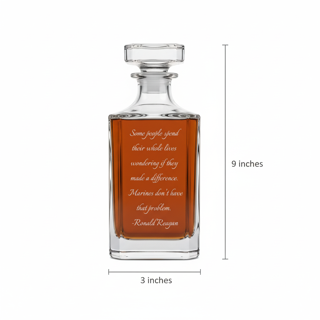 Crystal whiskey decanter with sample engraved message about Marines and Ronald Reagan quote, measuring 9 inches tall by 3 inches wide