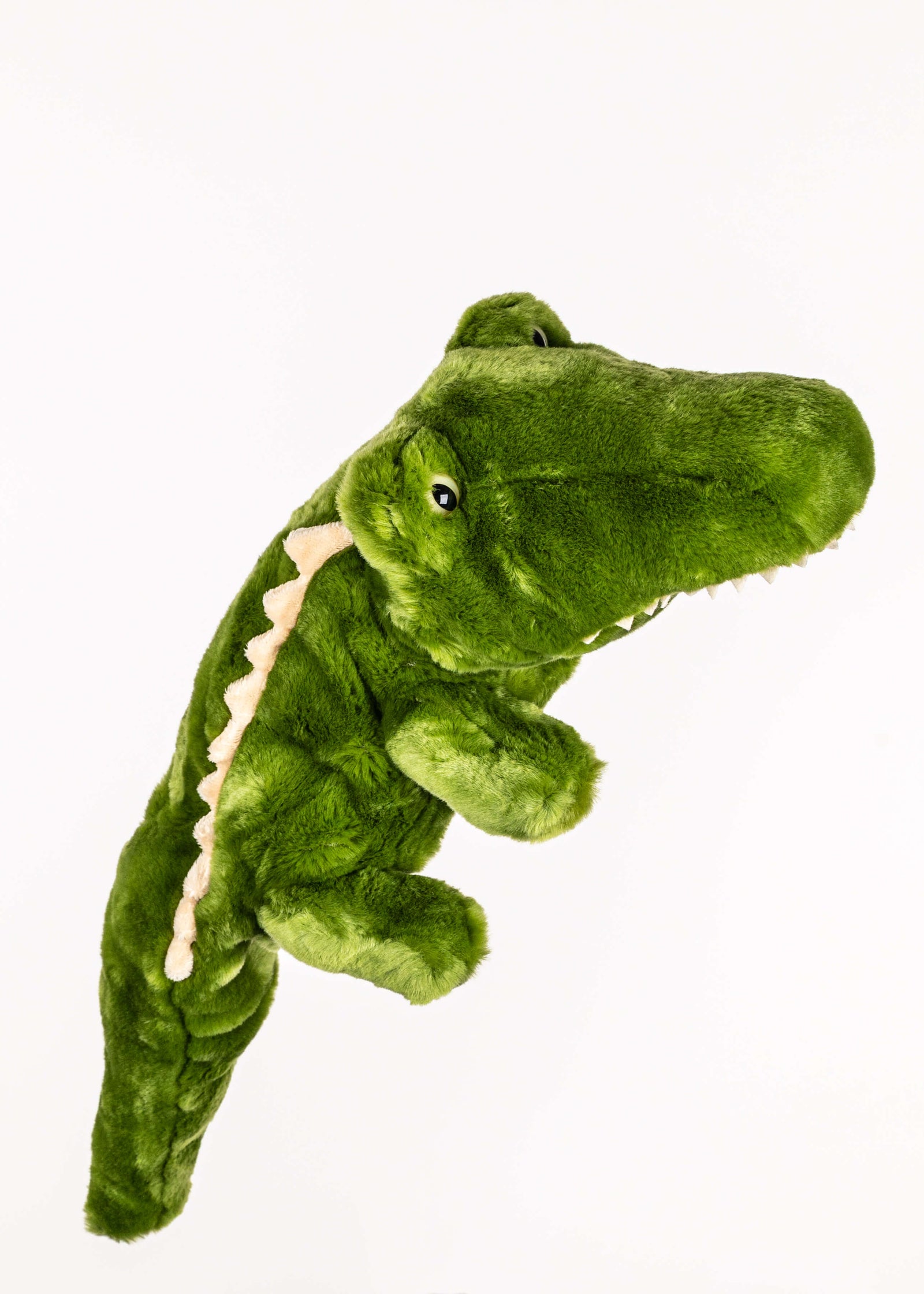 Green plush alligator driver headcover with sculpted jaws and teeth, fits golf drivers up to 460cc, photographed on a white background
