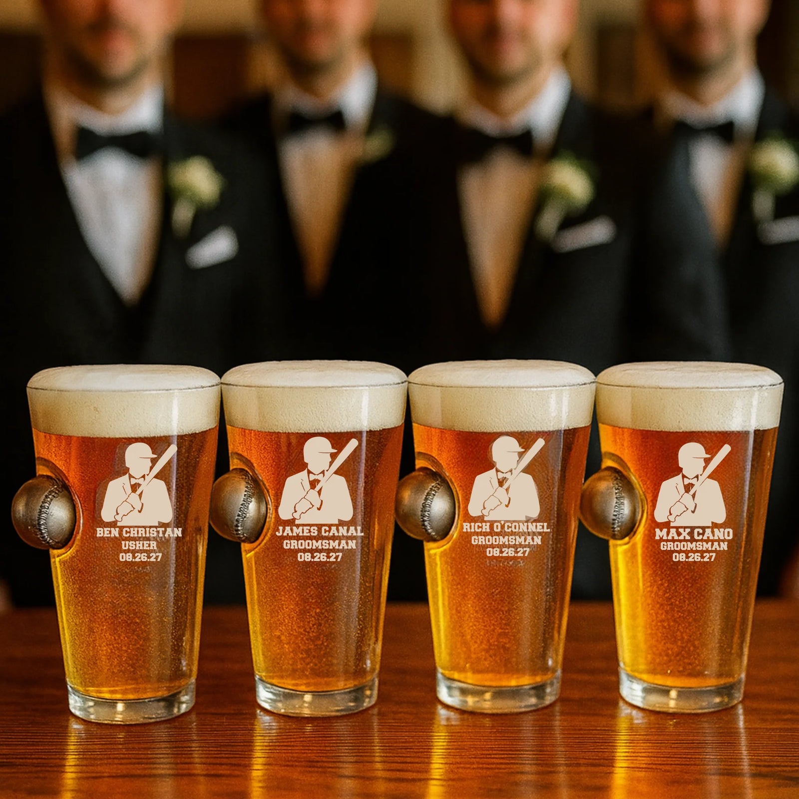 Personalized groomsman pint glass with real embedded baseball and engraved name, role, and wedding date