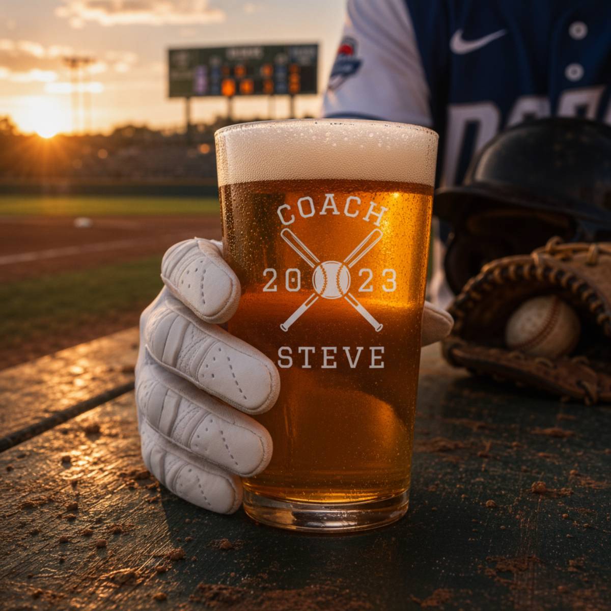 Engraved pint glass with "Coach 2023 Steve" and crossed baseball bats design, held in baseball glove at sunset on baseball field.