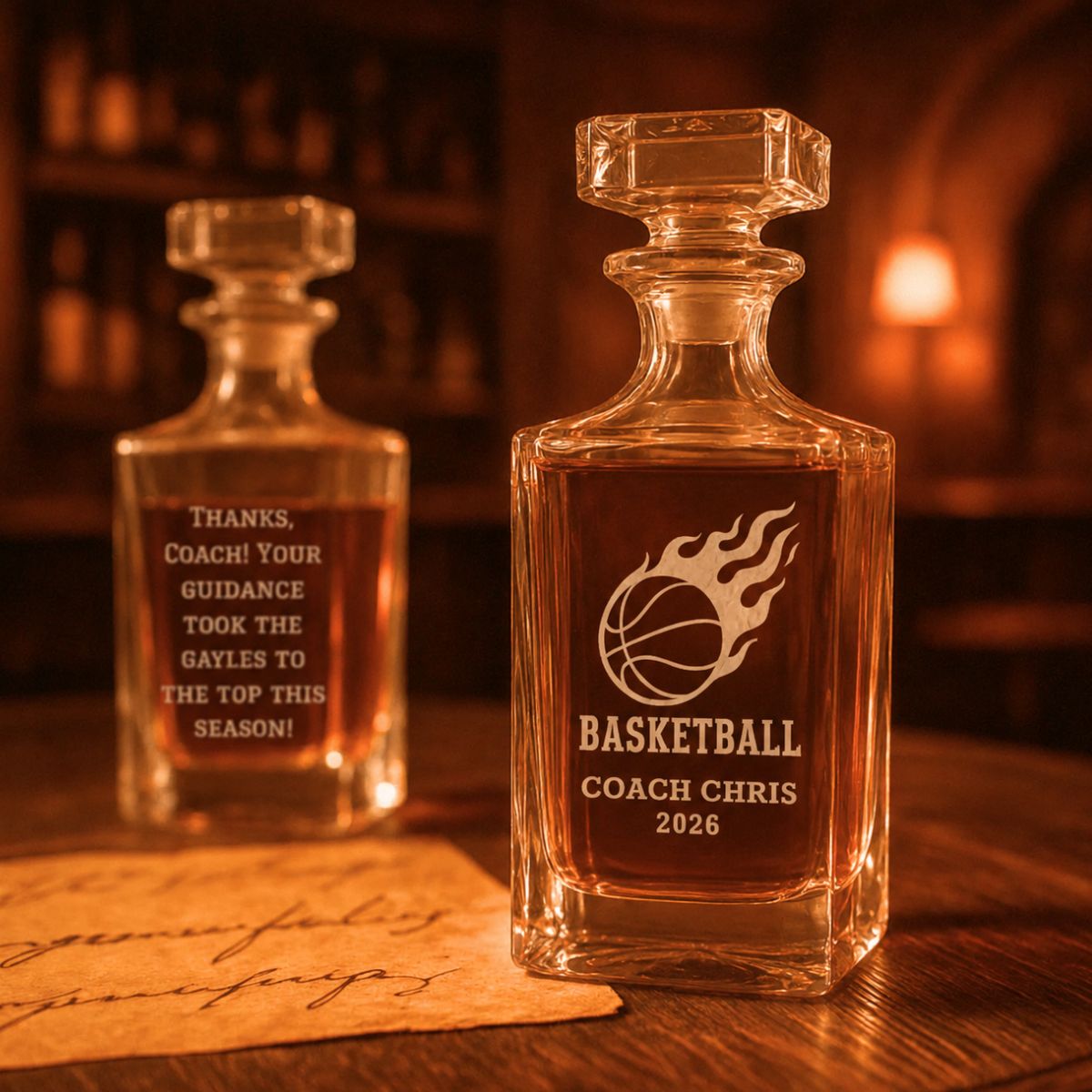 Unique Personalized Basketball Coach Decanter Customized basketball Whiskey Glasses Gifts for Men by Groovy Guy