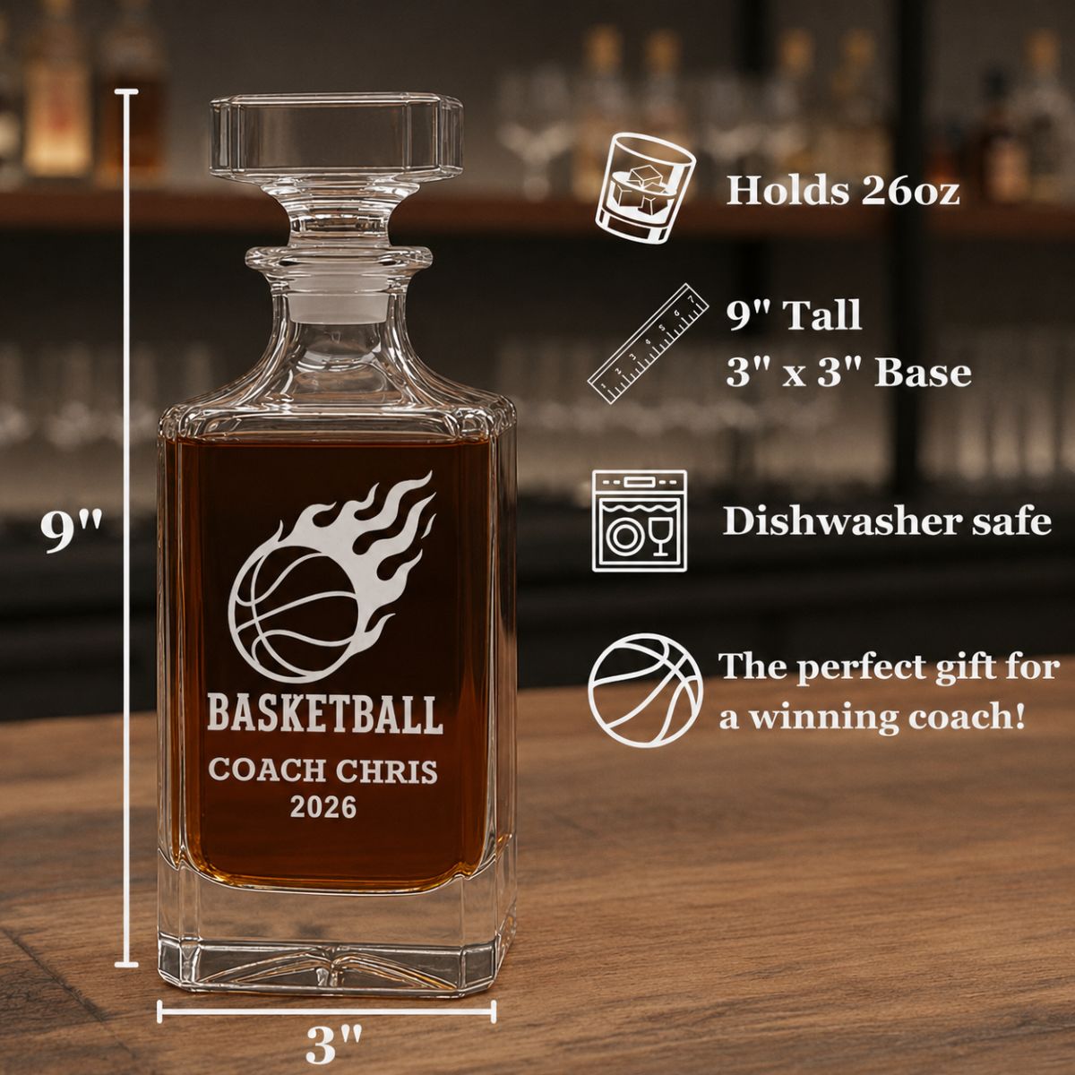 Unique Personalized Basketball Coach Decanter Customized basketball Whiskey Glasses Gifts for Men by Groovy Guy