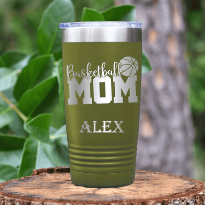 Military Green Basketball Tumbler With Basketball Mom In Words Design