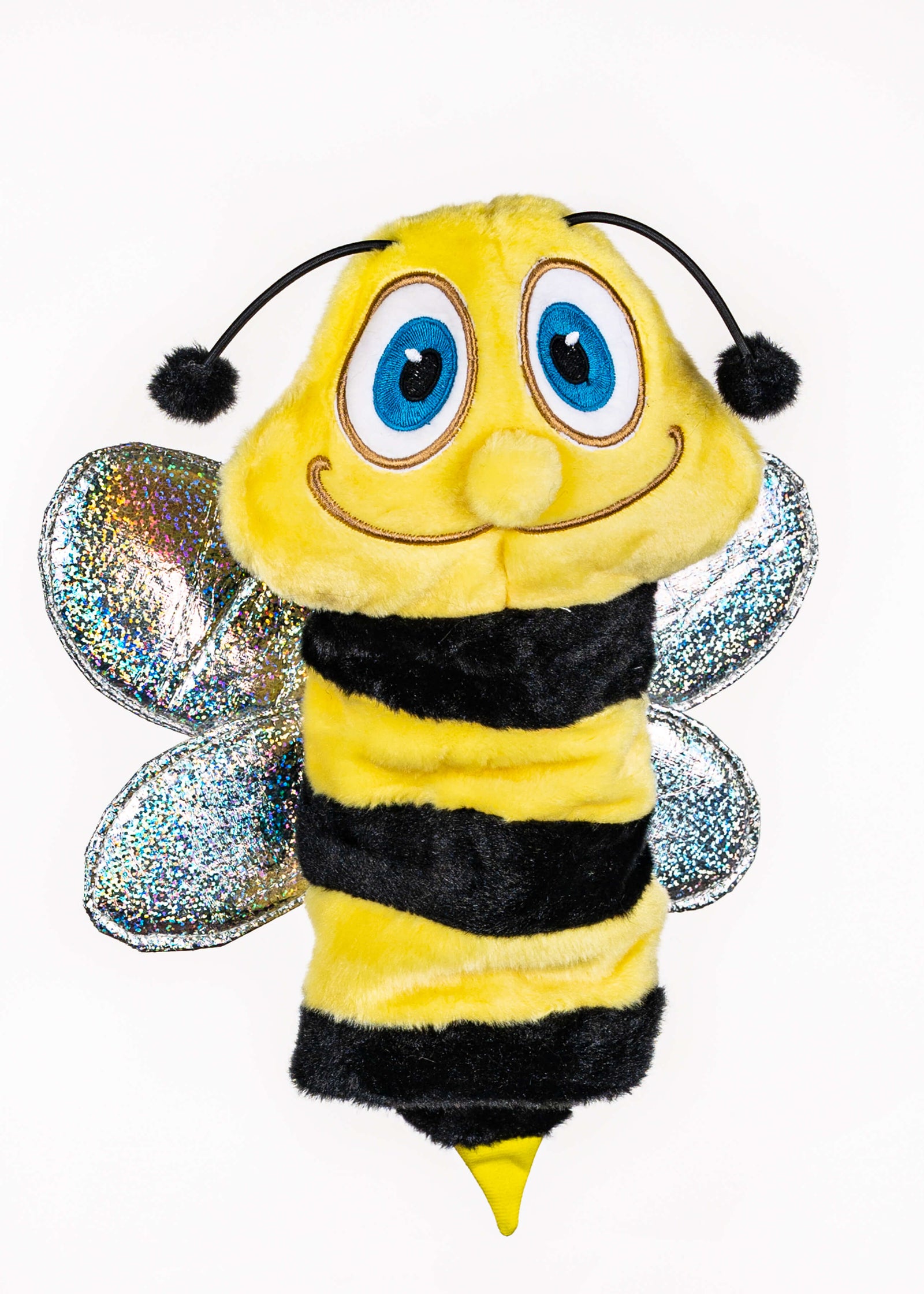 Bumble bee plush golf headcover for hybrids and rescue clubs, photographed on a plain background