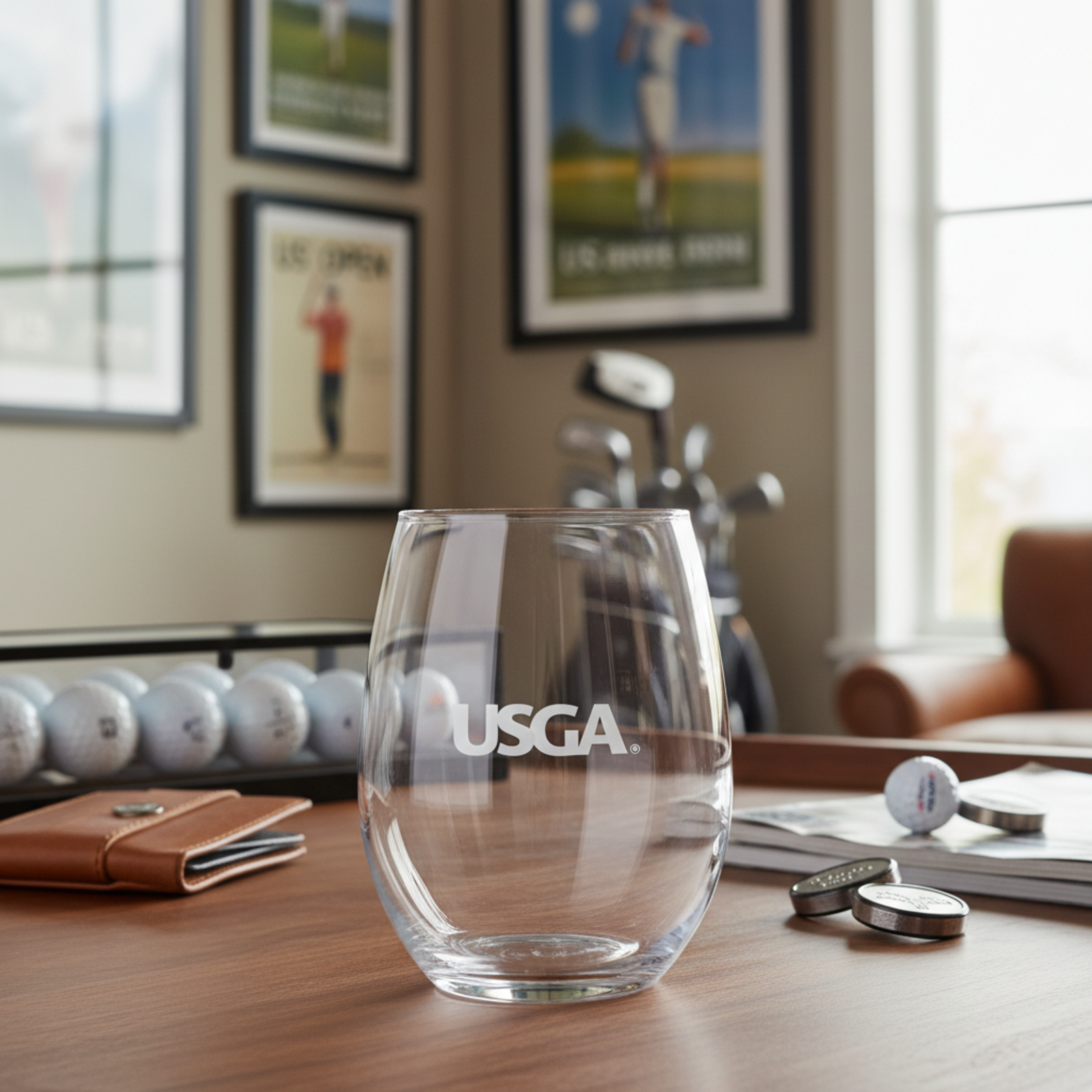 Personalized stemless wine glass with a sample logo engraved on the glass, shown on a wooden desk with soft lighting.