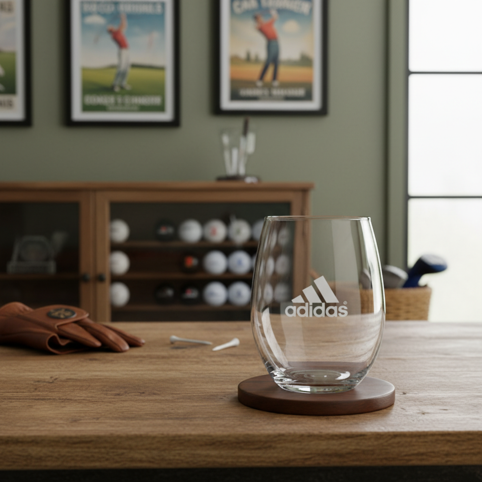 Custom logo stemless wine glass with a sample emblem laser-engraved on the front, staged on a wooden desk.