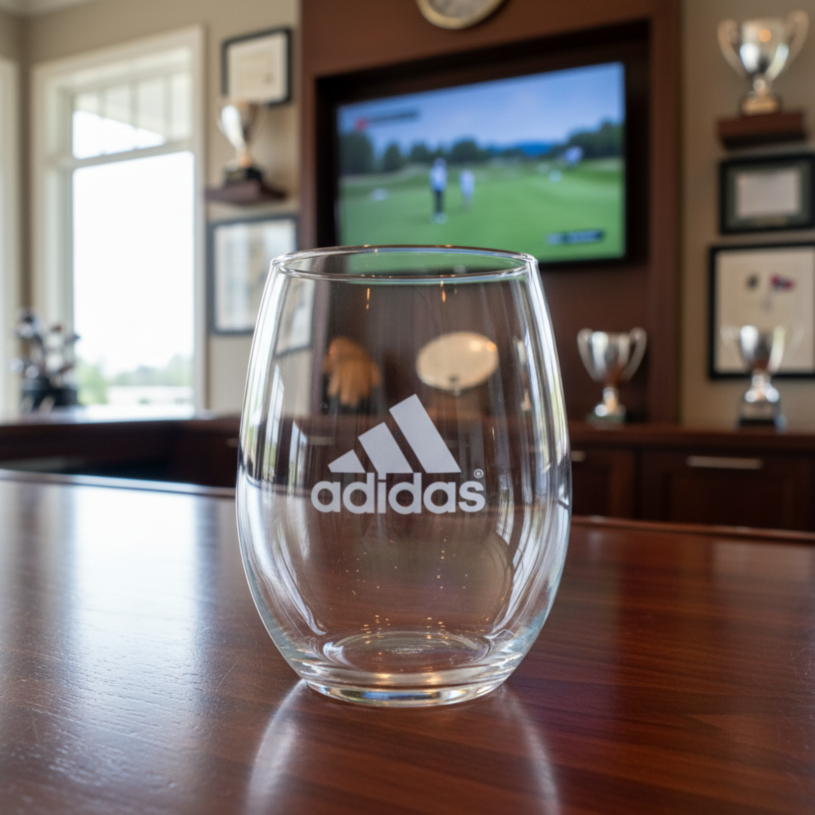 Clear stemless wine glass with a sample logo laser-engraved on the front, shown on a wooden tabletop.