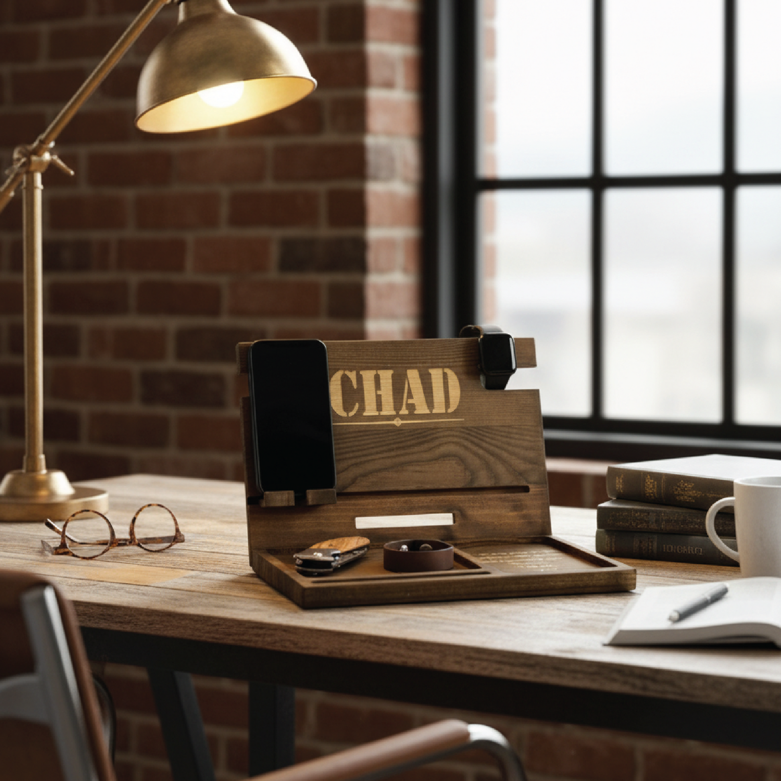 Wooden charging dock personalized with sample name "CHAD" in gold engraving, displayed on desk with phone, watch, and accessories organized in compartments