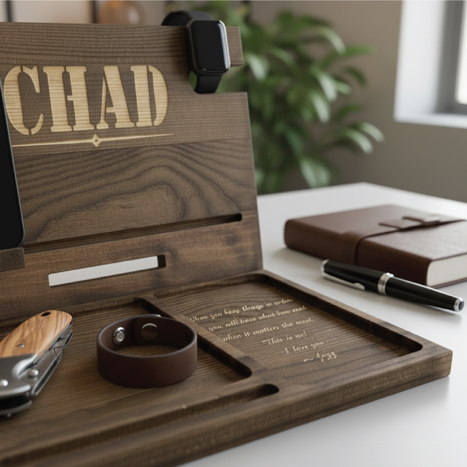 Walnut charging dock with laser-engraved sample message and "CHAD" nameplate, holding watch, knife, and organizing desk accessories