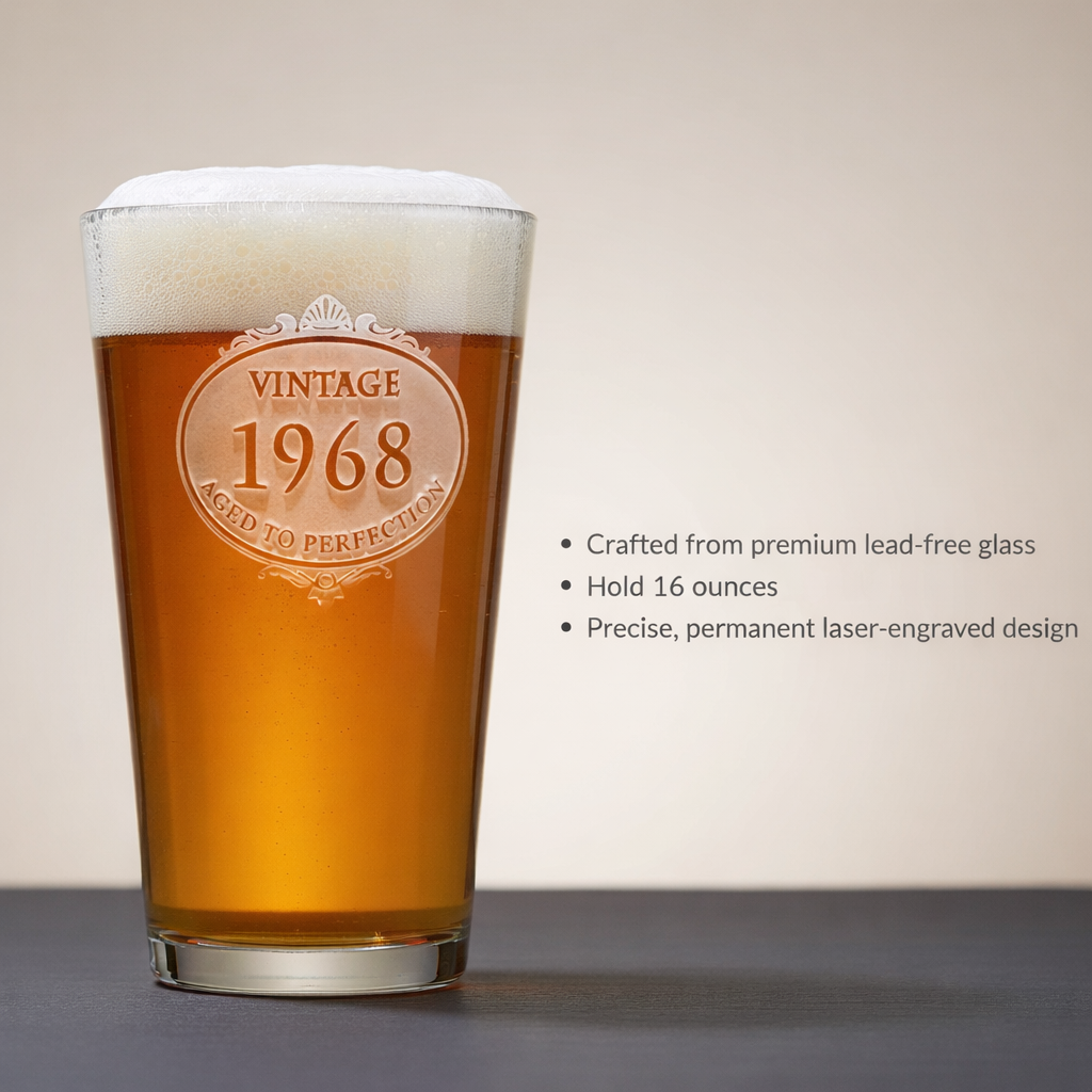 Etched Vintage Year Birthday Beer Glass