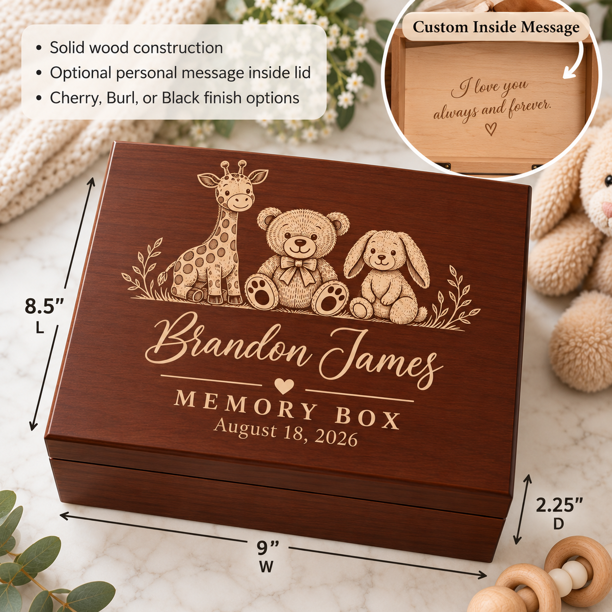 Dark wood memory box with engraved giraffe, bear, and rabbit toys, personalized name "Brandon James", date August 18, 2026, and custom inside message "I love you always and forever