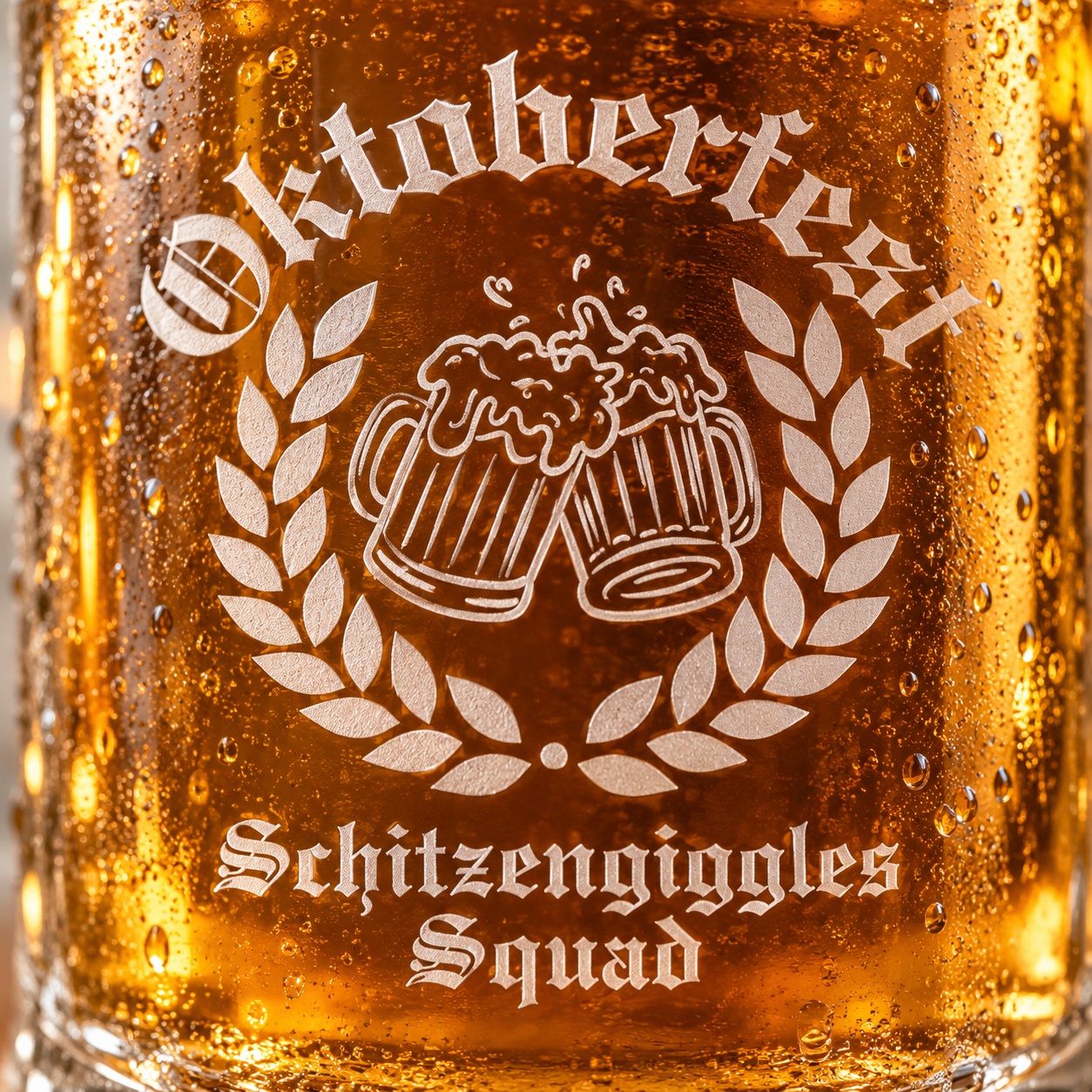 Close-up of the frosted laser engraving on a personalized Oktoberfest beer stein, showing the curved headline, laurel wreath crest and Schitzengiggles Squad