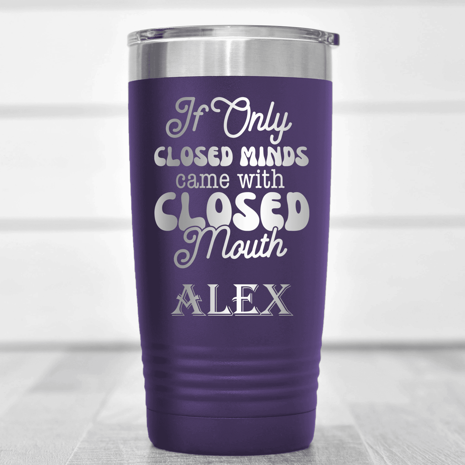 Purple Funny Tumbler With Close Your Mouth Design