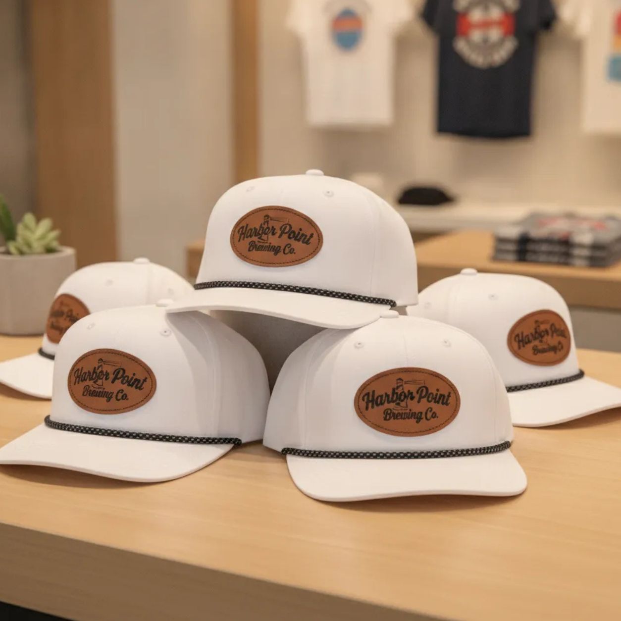 White baseball caps with Harbor Point Brewing Co. logo on a wooden surface.