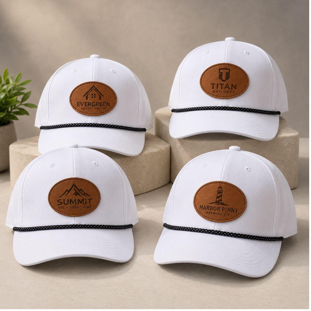 Four white baseball caps with brown leather patches displaying various brand logos on a neutral background.