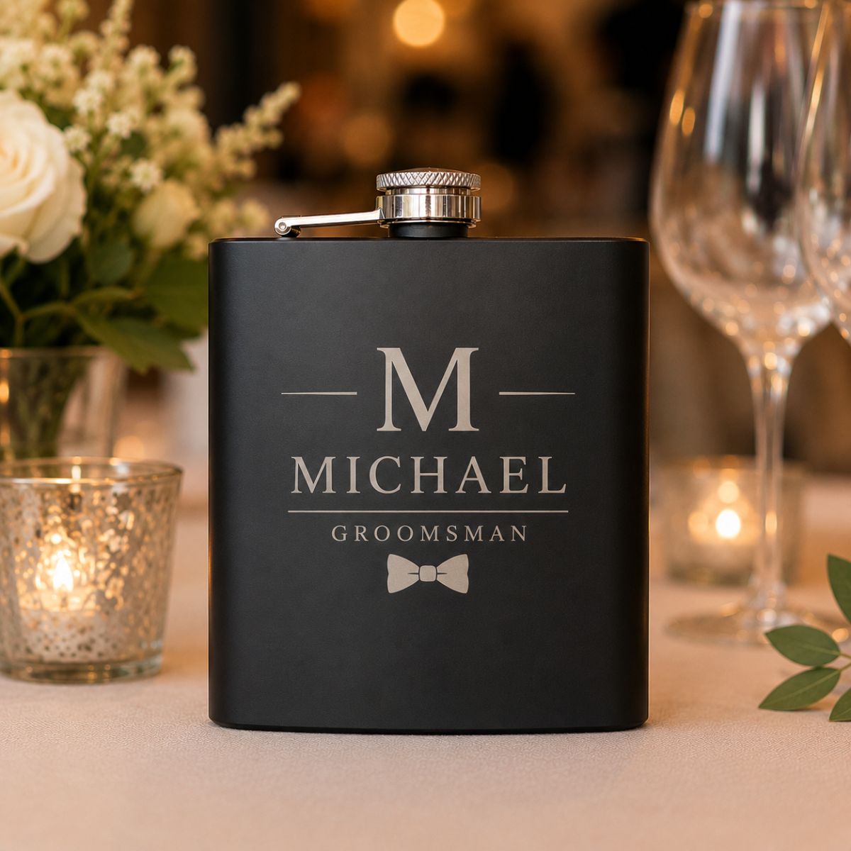 Custom logo flask held at a corporate event table, a personalized bulk gift for clients, staff, groomsmen, and special occasions.