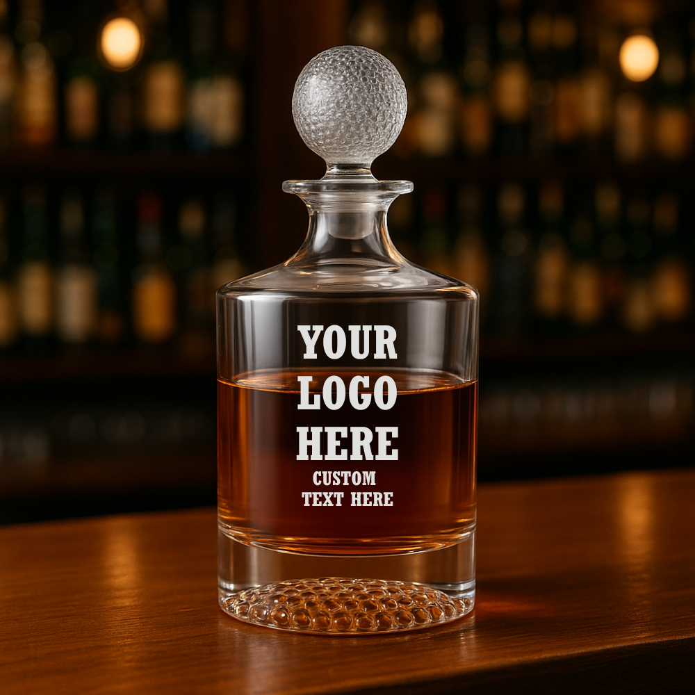 Glass golf decanter with brandable text on a wooden surface with blurred bar background