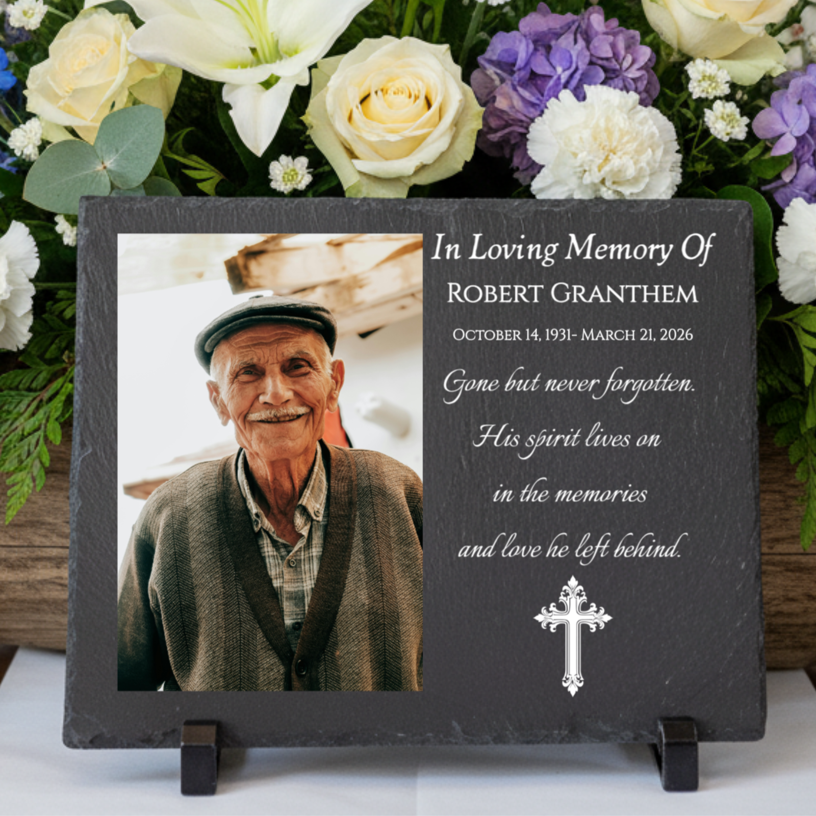 Real Slate Memorial Plaque with Photo and Custom Message – Sympathy Gift with Cross, Doves, or Flowers