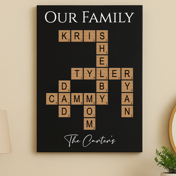 Personalized family crossword name sign wall art with custom names and quote