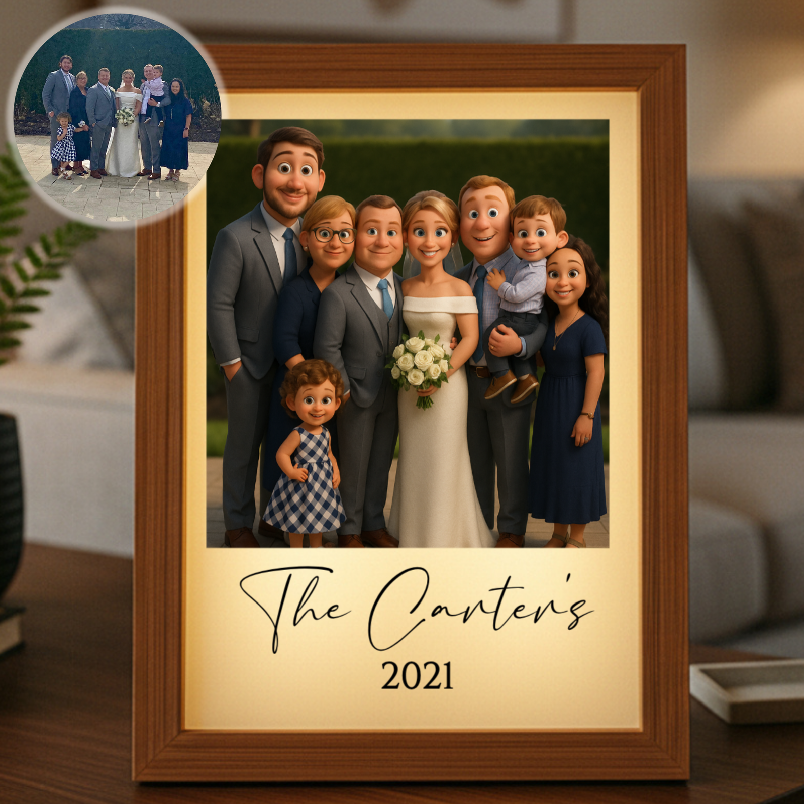 Wooden-framed personalized family cartoon portrait with sample names "The Carters" and year "2021" printed below animated illustration of family group with bride and groom