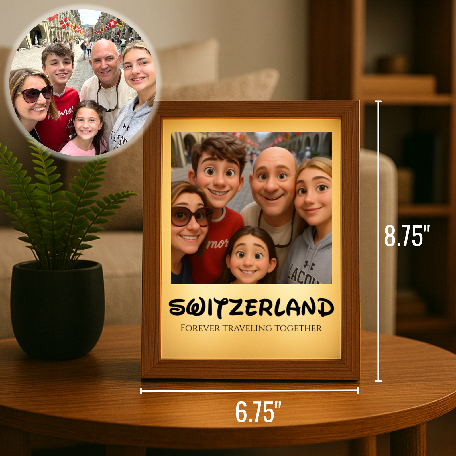 Personalized cartoon-style frame with sample text "SWITZERLAND" and "FOREVER TRAVELING TOGETHER" displaying family photo, wooden border with golden mat, LED-backlit, dimensions shown as 6.75" W x 8.75" H