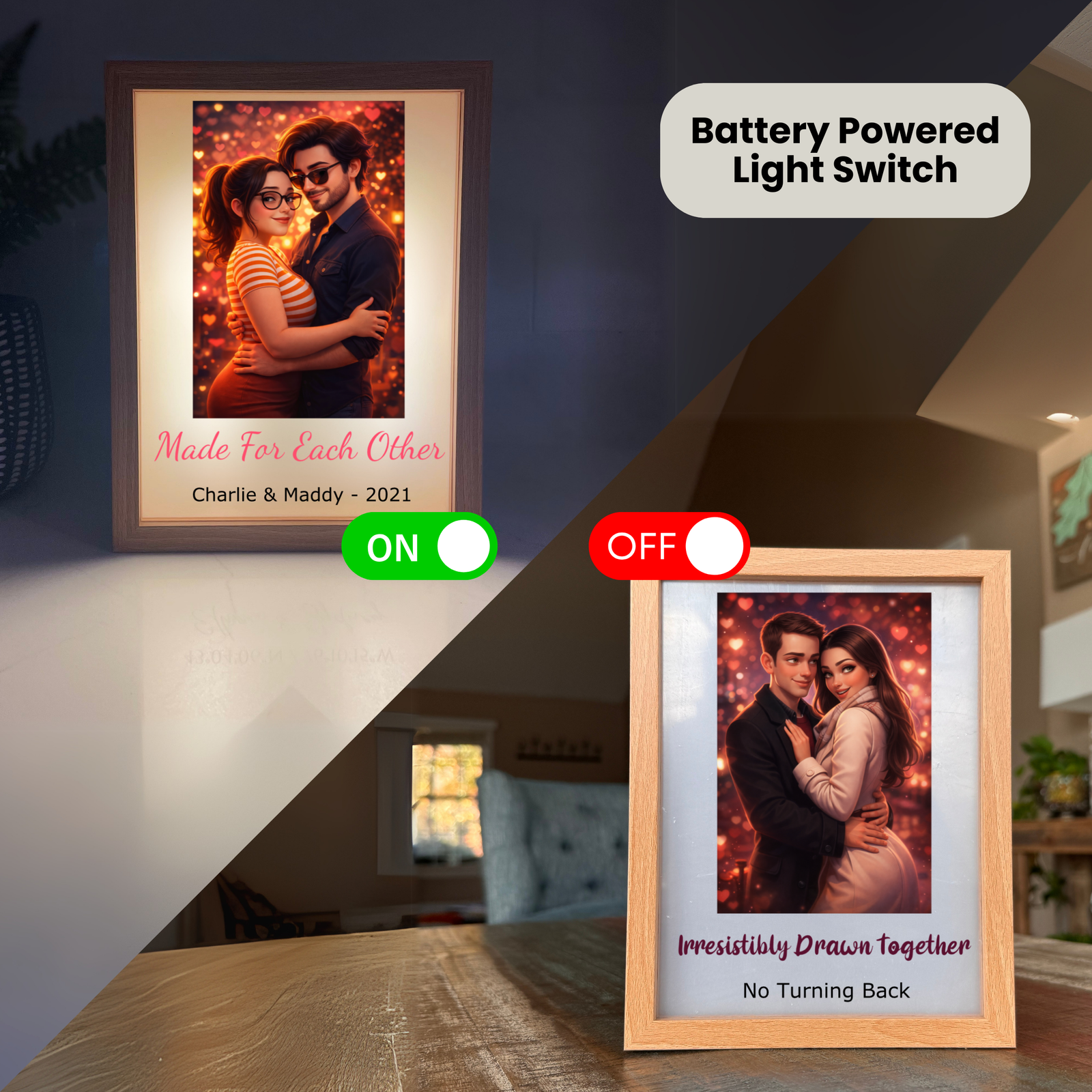 Two personalized light boxes with battery-powered on/off switches displayed side by side, showing sample couple photos with custom text and warm ambient lighting effects