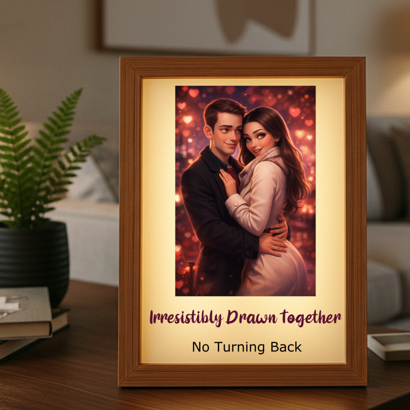 Wooden-framed light box displaying illustrated couple with warm bokeh background, text reading "Irresistibly Drawn together" and "No Turning Back" beneath the image