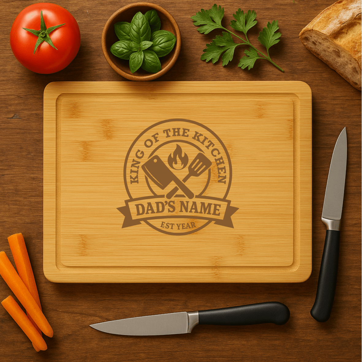 Personalized bamboo cutting board engraved with "King of the Kitchen" and Dad's name.