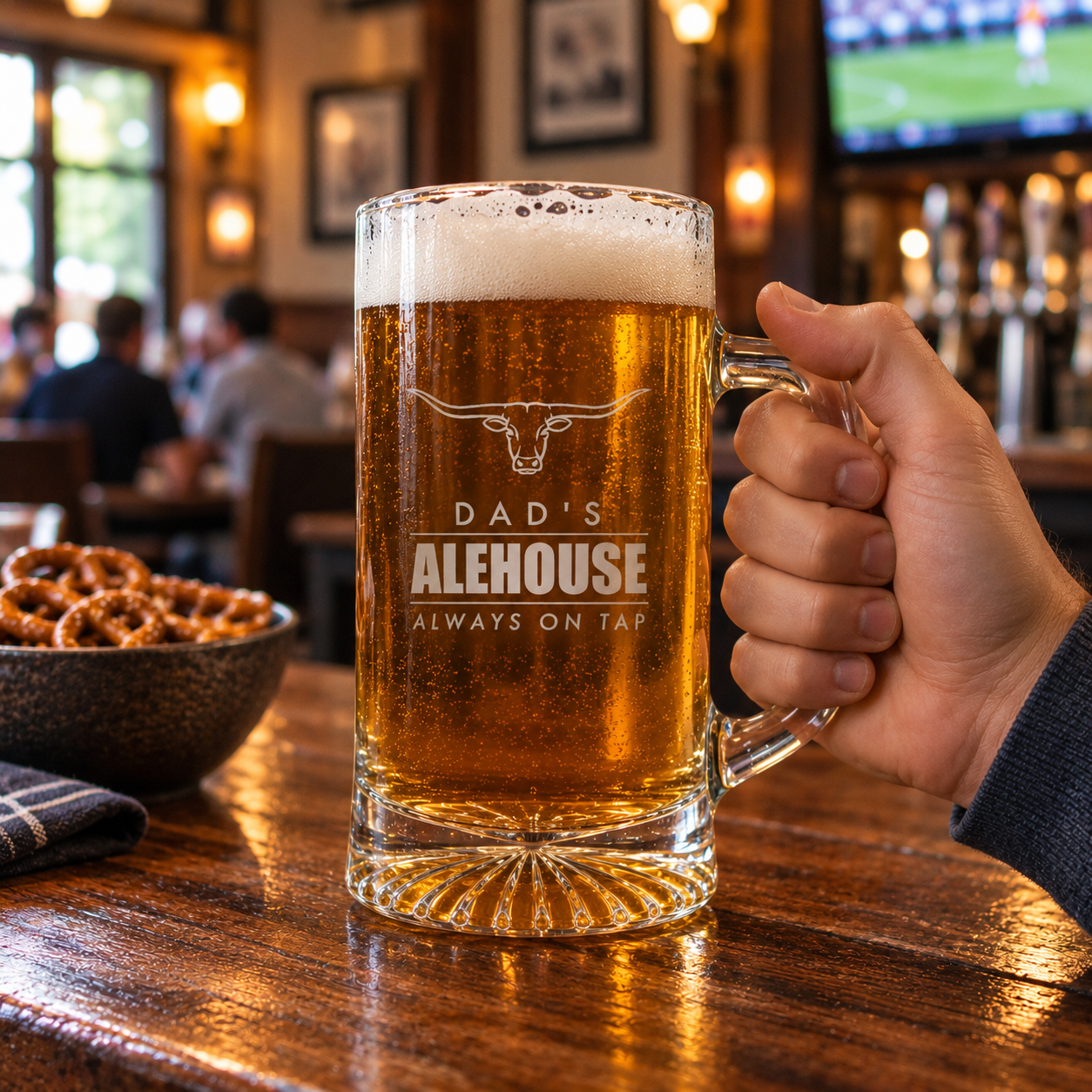 Hand holding a 25 oz personalized beer mug in a pub, engraved with a longhorn and the lines Dad's, Alehouse and Always on Tap