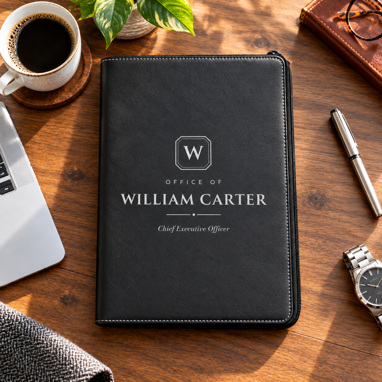 Personalized padfolio for men in black, engraved in silver with a W monogram plate, Office of, William Carter and Chief Executive Officer on a walnut desk