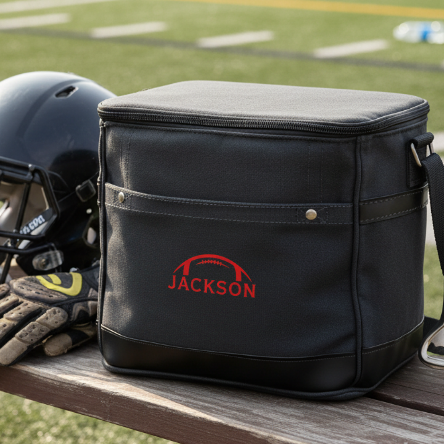 Black insulated cooler with sample name "Jackson" in red football design, displayed on wooden bench beside helmet and gloves with football field background