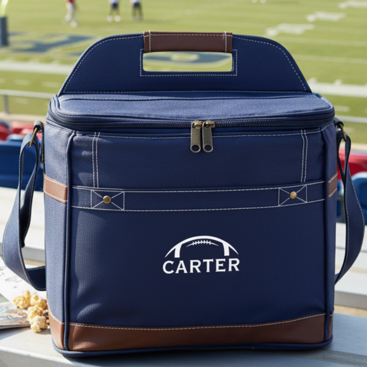 Navy and brown insulated cooler with brown leather handles and sample name "CARTER" engraved on front, displayed at outdoor sporting event.